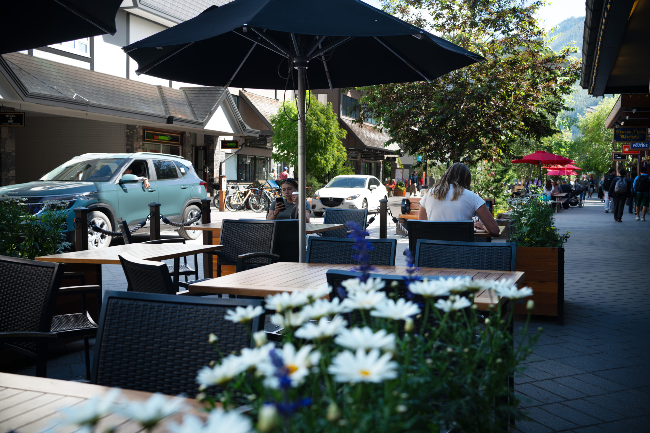 Downtown Sally Patio Downtown Sally Patio with white flowers and cars passing