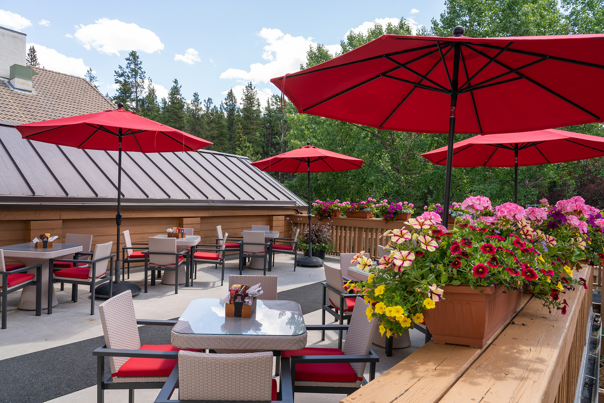 Alpha Bistro Patio Alpha Bistro patio with flowers and red umbrellas